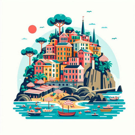 Colorful vector illustration of the famous old town of Rovinj, Croatiaのイラスト素材