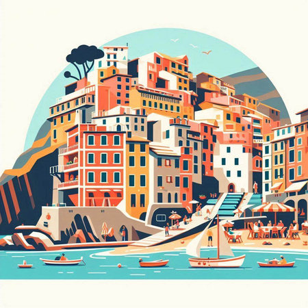 Vintage colorful vector illustration of Vernazza town in Cinque Terre, Italyのイラスト素材