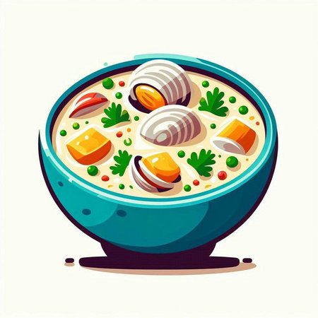 Creamy soup with seafood in a bowl. Vector illustration.のイラスト素材