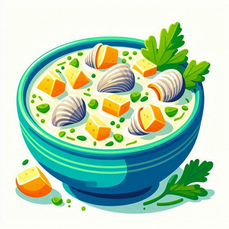 Vector illustration of a bowl of soup with cheese, parsley and dillのイラスト素材