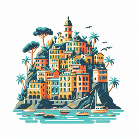 Colorful vector illustration of Riomaggiore, Cinque Terre, Italyのイラスト素材