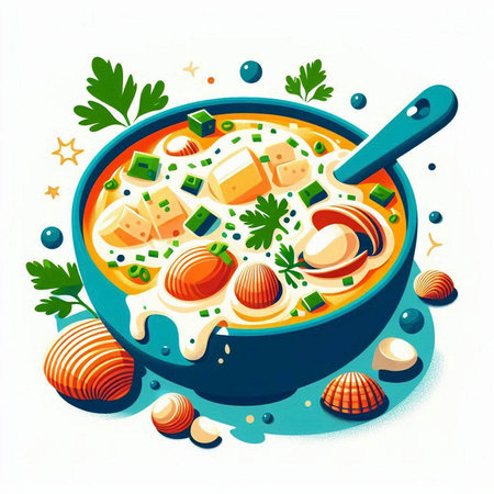 Vector illustration of a bowl of soup with vegetables and eggs on a white backgroundのイラスト素材
