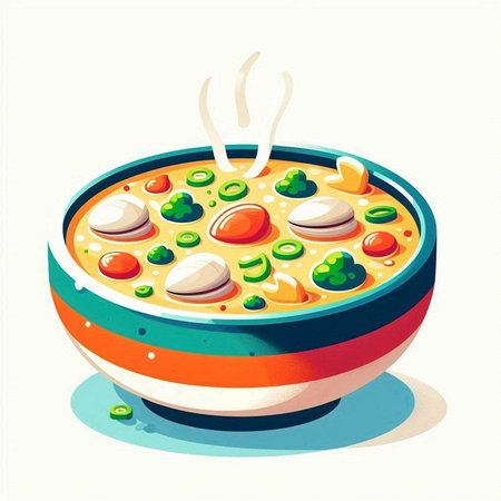 Illustration of a bowl of soup with mushrooms, peas and cheeseのイラスト素材