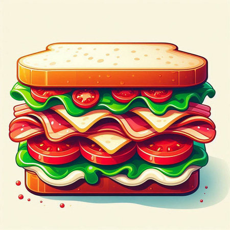 Sandwich with ham, cheese, tomato and lettuce. Vector illustration.のイラスト素材