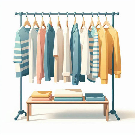 Illustration of Clothes Hanging on a Clothes Rack on a White Backgroundのイラスト素材