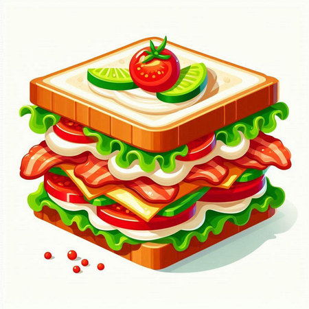Sandwich with ham, cheese, tomato and lettuce. Vector illustration.のイラスト素材