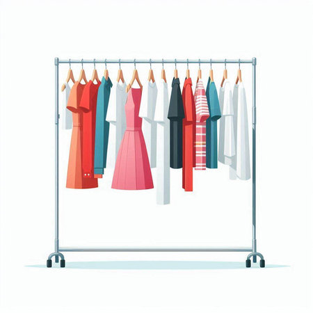 Wardrobe rack with different clothes. Vector illustration isolated on white background.のイラスト素材