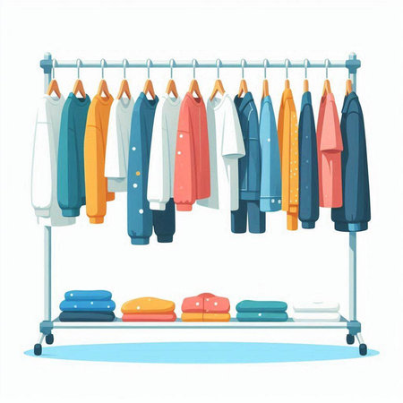 Clothes rack with clothes on hangers. Vector illustration in cartoon styleのイラスト素材