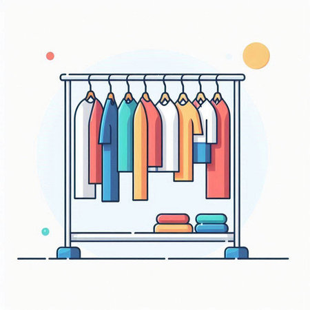 Clothes rack with hangers. Vector illustration in flat style.のイラスト素材