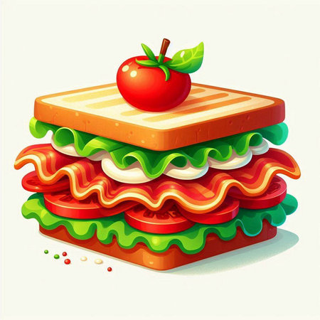 Illustration of a sandwich with tomato and lettuce on a white backgroundのイラスト素材