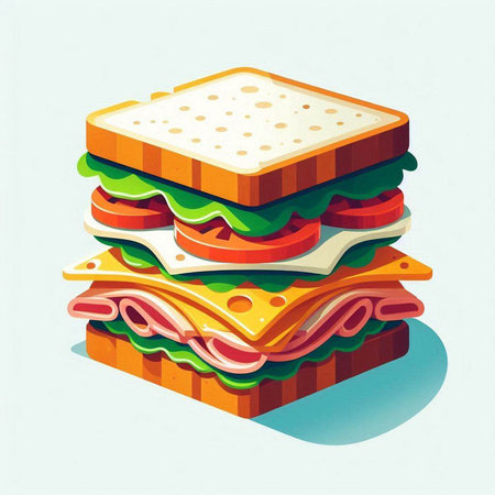 Sandwich with ham, cheese, tomato and lettuce. Vector illustration.のイラスト素材