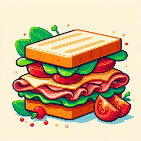 Sandwich with ham, cheese, tomato and lettuce. Vector illustration.のイラスト素材