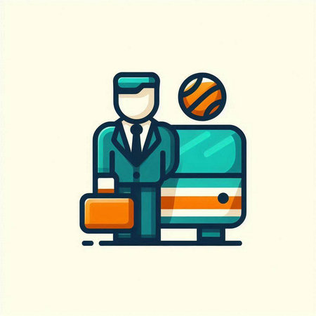 Businessman with laptop and briefcase. Vector illustration in flat styleのイラスト素材