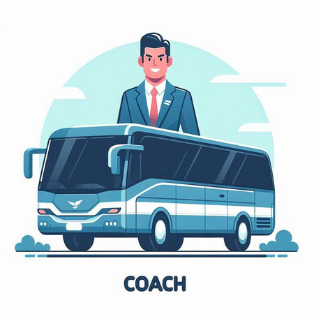Businessman with bus. Vector illustration in flat style. Business conceptのイラスト素材