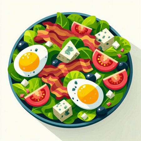 Salad with fried eggs, bacon, cheese and vegetables. Vector illustration.のイラスト素材