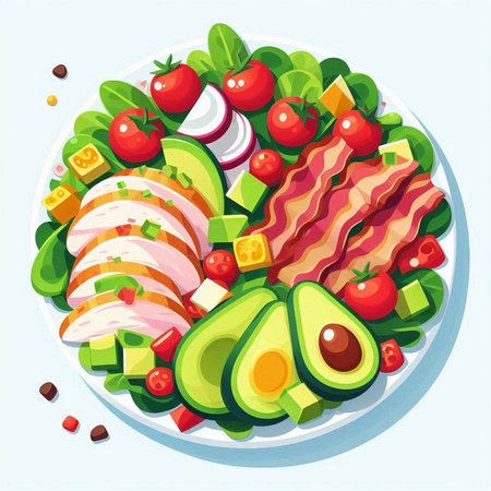 Salad with avocado, tomato, cucumber, onion, lettuce and ham. Vector illustration.のイラスト素材