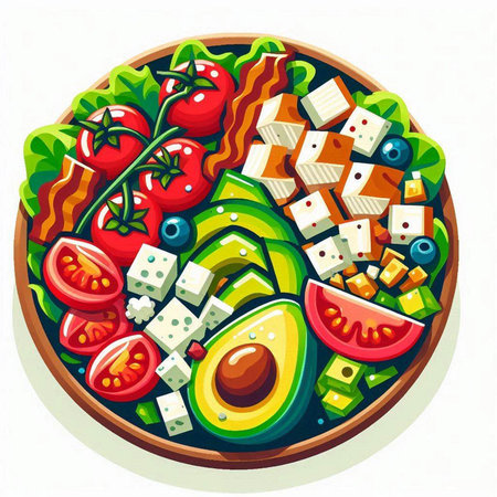 Vector illustration of pizza with avocado, tomato, cheese and olivesのイラスト素材