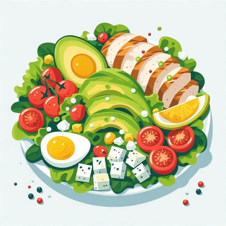 Salad with chicken, avocado, tomato, egg, feta cheese. Vector illustrationのイラスト素材