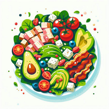 Healthy salad with avocado, tomato, cheese, olives, cucumber, blueberry, cherry tomatoes. Vector illustration.のイラスト素材