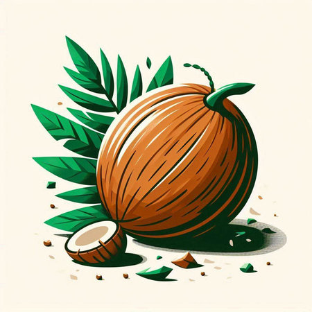 Coconut with leaves on a white background. Vector illustration.のイラスト素材