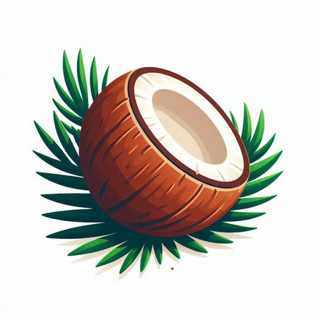 Coconut with leaves. Isolated on white background. Vector illustration.のイラスト素材