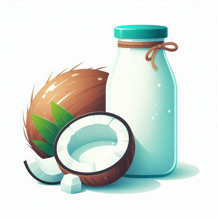 Illustration of coconut milk in a glass jar and coconutsのイラスト素材