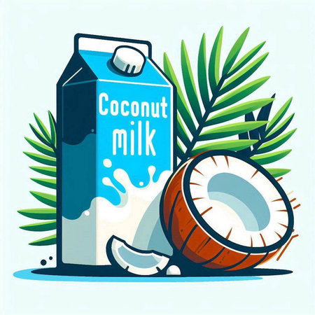 Coconut milk in a glass bottle with coconut and palm leaves. Vector illustration.のイラスト素材