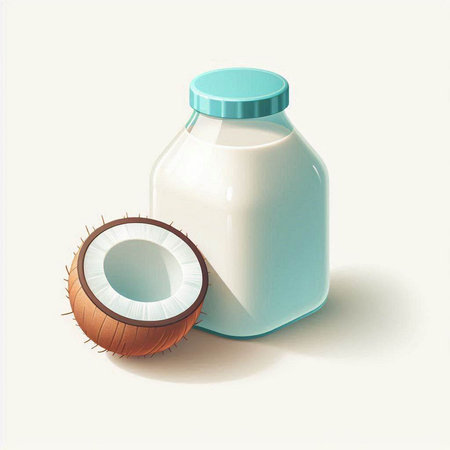Milk in a bottle and a coconut on a white background.のイラスト素材