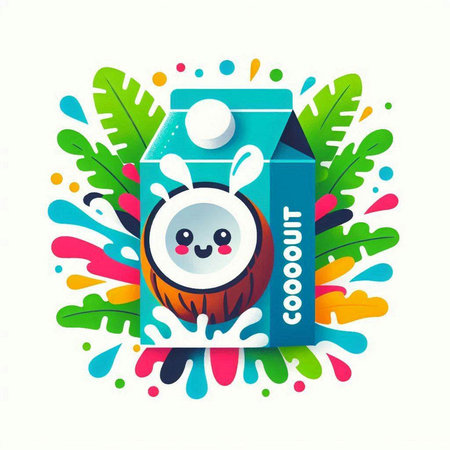 Cute funny milk box with coconut and leaves. Vector illustration.のイラスト素材