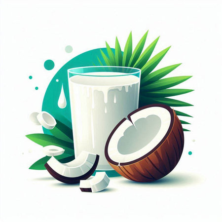 Coconut milk with coconut on white background. Vector illustration.のイラスト素材