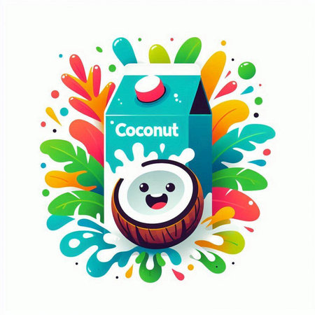 Coconut milk box with funny cartoon character. Vector illustration.のイラスト素材