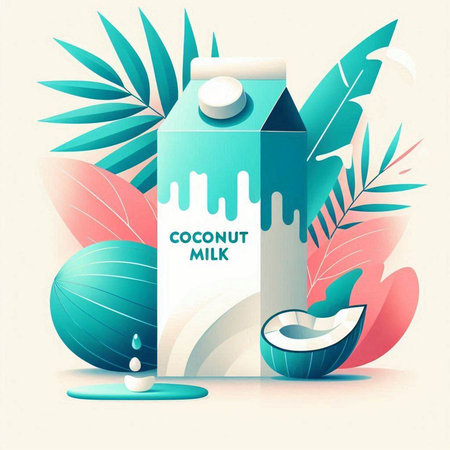 Coconut milk in a paper box on a background of tropical leaves. Vector illustration.のイラスト素材
