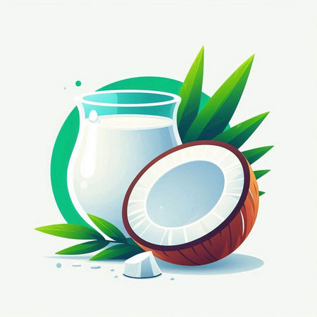 Coconut milk with fresh coconut and leaves. Vector illustration.のイラスト素材