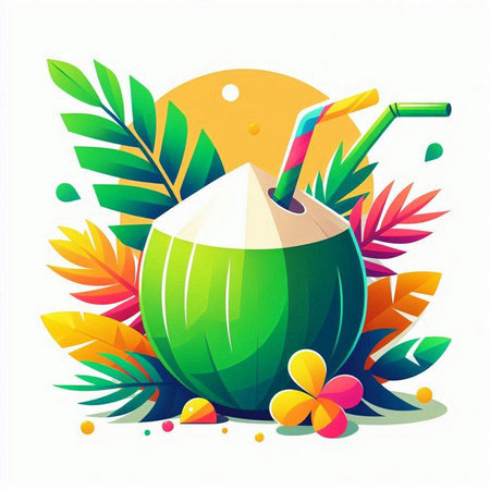 Coconut cocktail with straw and palm leaves. Vector illustration.のイラスト素材