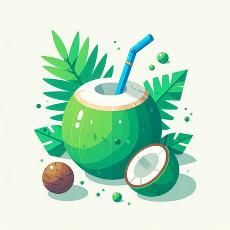 Coconut drink with straw and palm leaves, vector illustration.のイラスト素材