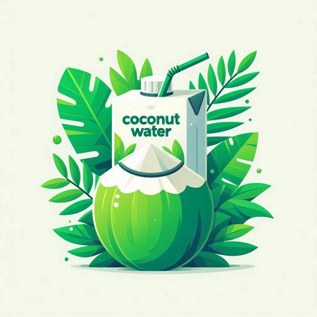 Coconut water drink with tropical leaves in flat style. Vector illustration.のイラスト素材