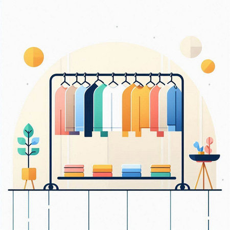 Illustration of a shelf with clothes on a hanger in a modern interiorのイラスト素材