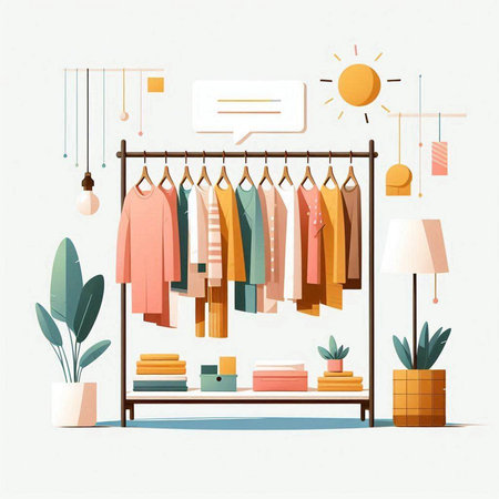 Clothes rack with clothes and accessories. Vector illustration in flat styleのイラスト素材