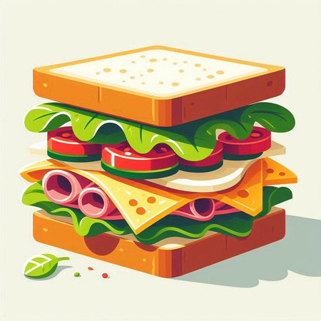 Sandwich with ham, cheese, tomato and lettuce. Vector illustration.のイラスト素材