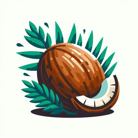 Coconut with leaves. Vector illustration on a white background.のイラスト素材