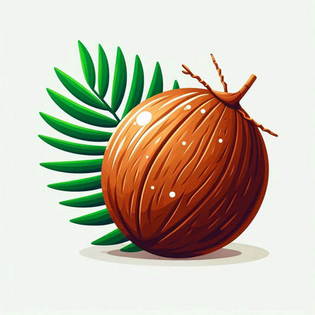 Illustration of a coconut with palm leaf isolated on white background.のイラスト素材