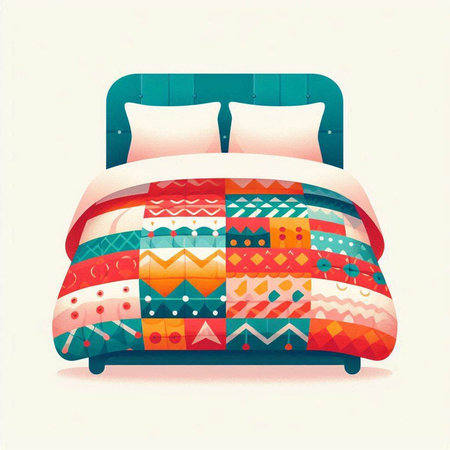 Vector illustration of a bed with colorful pillows in retro style.のイラスト素材