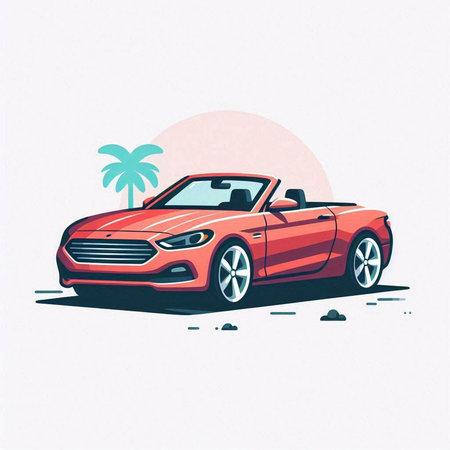 Retro car vector illustration. Retro car on the beach with palm trees.のイラスト素材