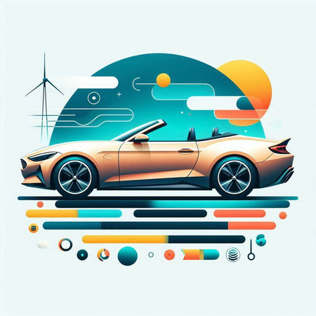 Abstract background with sport car and windmills. Vector illustration.のイラスト素材