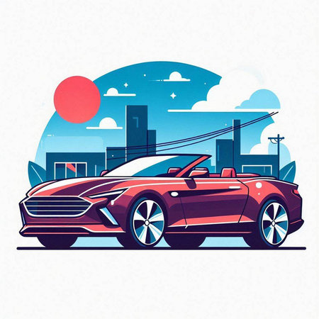 Modern car on the background of the city and the sun. Vector illustrationのイラスト素材