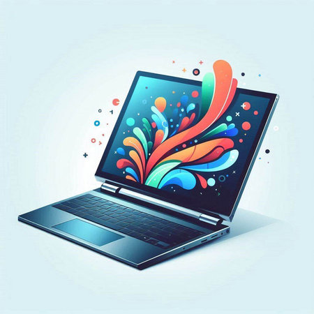 Laptop with colorful splashes on blue background. Vector illustration.のイラスト素材