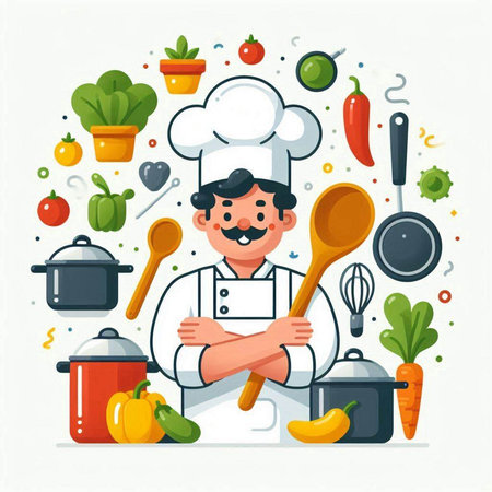 Chef cooking with vegetables and utensils. Vector illustration in flat styleのイラスト素材