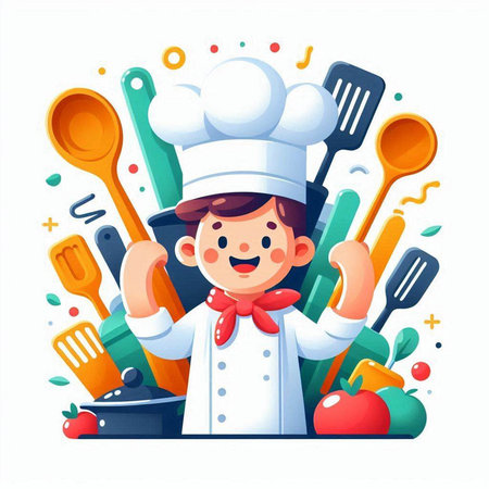 Cute boy chef with vegetables. Vector illustration in cartoon style.のイラスト素材