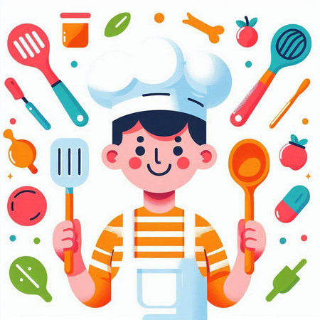 Cartoon chef holding wooden spoon and ladle. Vector illustration.のイラスト素材