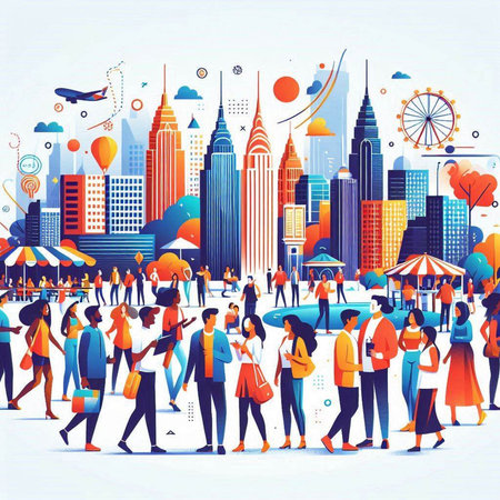 Crowd of people walking in the city. Urban scene. Vector illustration.のイラスト素材